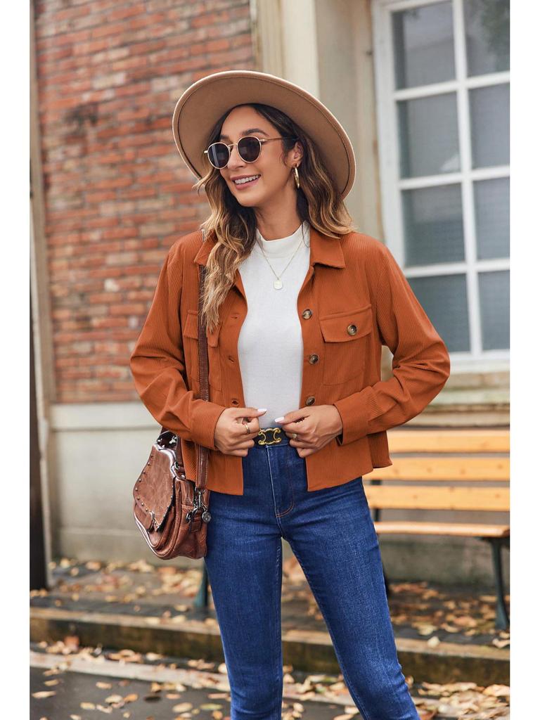 2024 Trendy Women's Casual Corduroy Crop Jacket: European & American Style Button-Up Cardigan