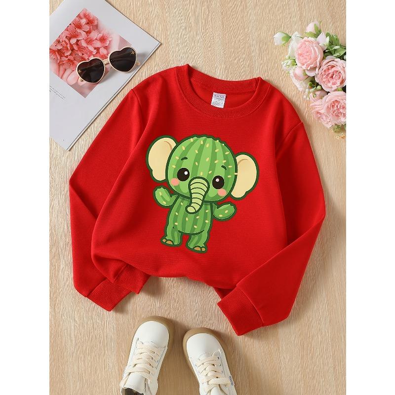 Kids Crewneck Sweatshirt, Cute Cactus & Elephant Cartoon Graphic Print,Spring Autumn Casual Sports Top
