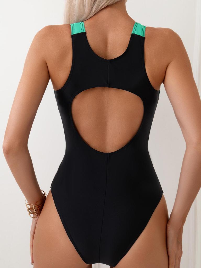 New Competitive Sport-Style Color Blocked One-Piece Swimsuit
