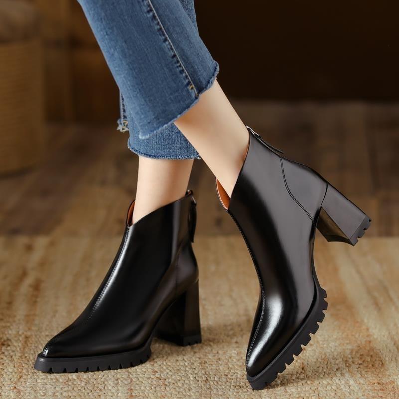 Fashion 2024 Hot Sale Shoes Female Zipper Winter Women's Boots Pointed Toe Solid Plus Velvet Warm Short Barrel High Heels British Boots