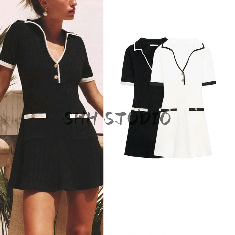 Summer New Product Women's Clothes Contrast Color Trim Short Sleeve V Neck Short Metal Button Rib Dress 4770154