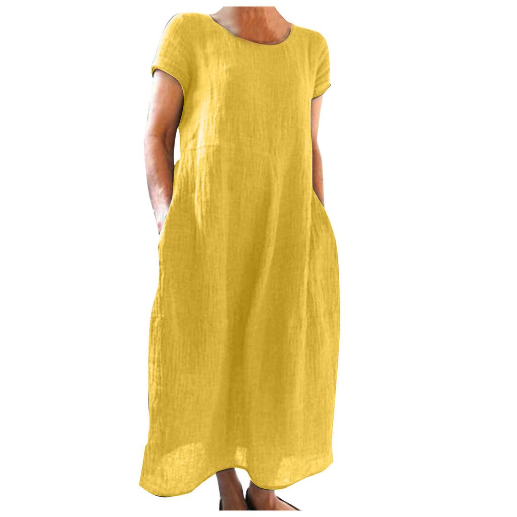O Neck Sleeveless Loose Cotton Linen Pocket Long Dress Solid Color Women