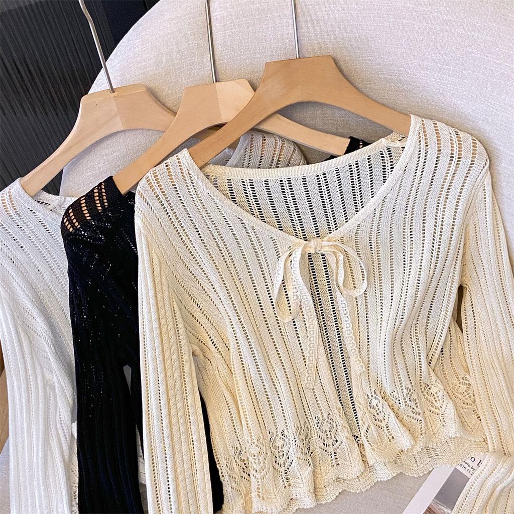 Короткий кардиган с ажурной вязкой для женщин, летняя тонкая рубашка с солнцезащитным кремом, нежный топ