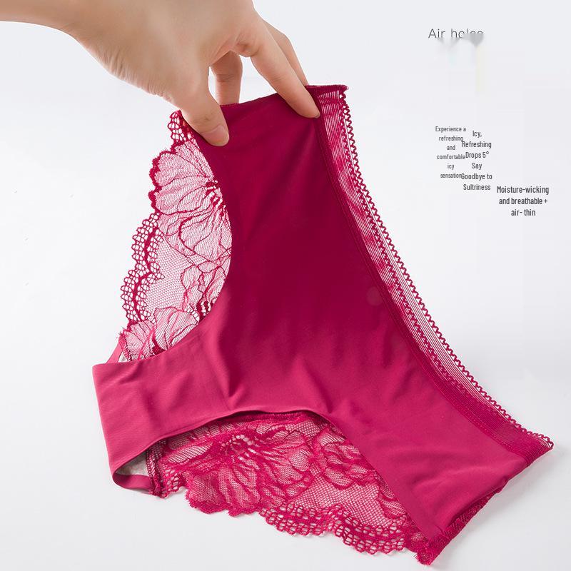 Ice Silk Seamless Lace Panties - Women's Mid-Waist All-Cotton Antibacterial Crotch, Breathable Summer Shorts