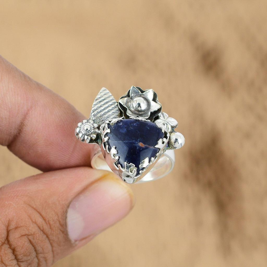 Trillion Sodalite Gemstone Flower Handmade Unique Promise Ring Sterling Silver