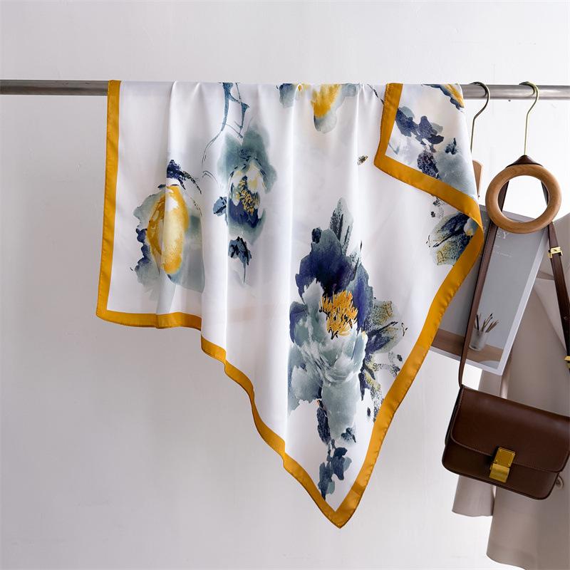 Soft Color Leaf Shadow Simulation Silk Printing Large Square Scarf Silk Scarf 90 Shawl Head Scarf Neck Protection Scarf Decorative Scarf