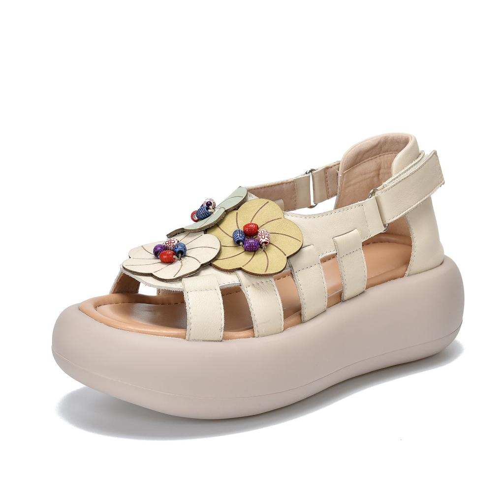 Johnature Retro Genuine Leather Flower Flat Platform Sandals Versatile Soft Soled Women's Shoes