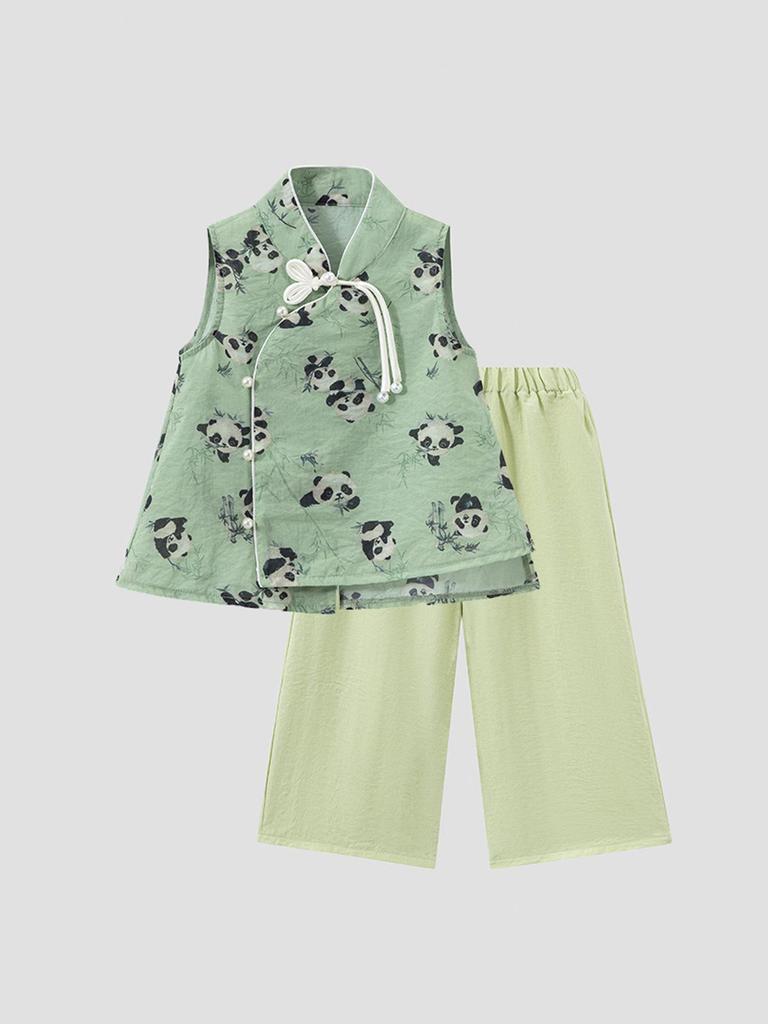 Летний ханьфу для девочек 2025: Новый топ в китайском национальном стиле и брюки широкого кроя, детский костюм-двойка.