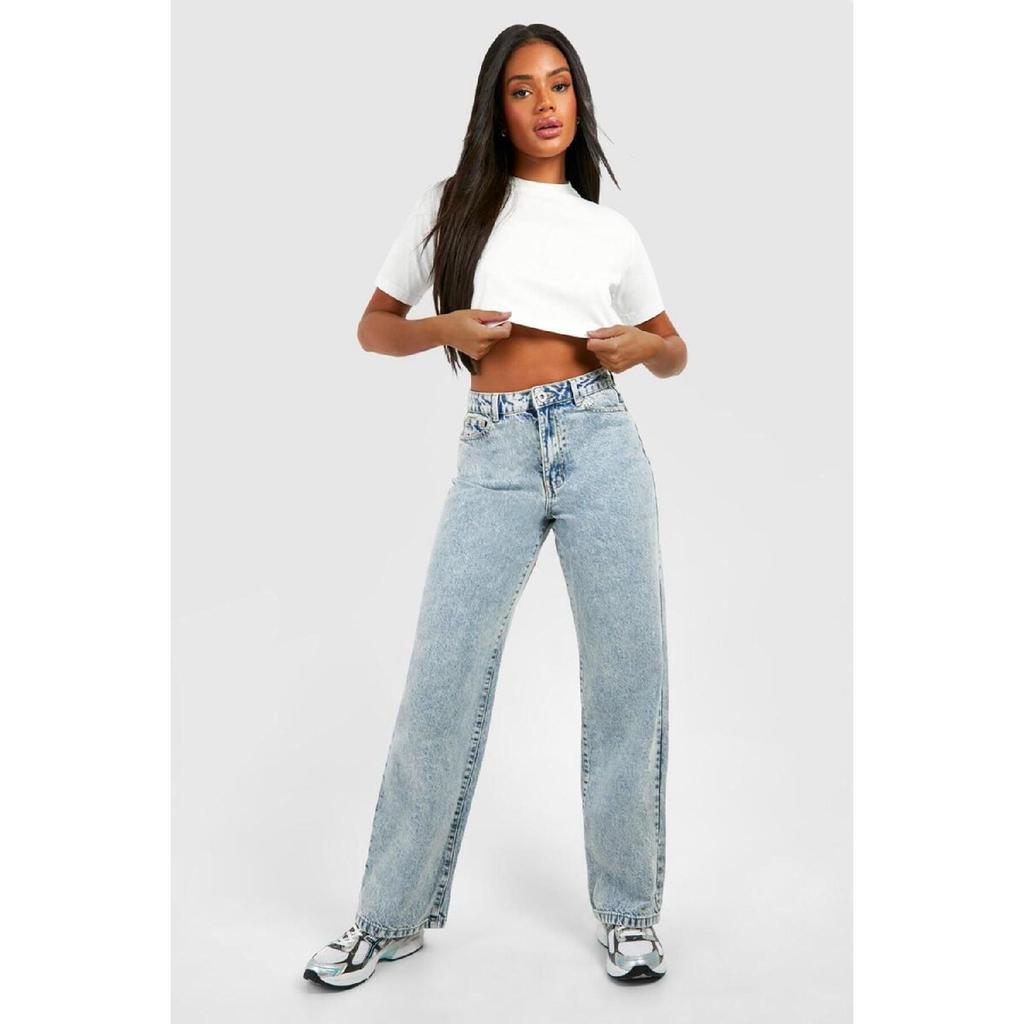 Women's Blue Snow Wash High Waist Five Pocket Wide Leg Loose Palazzo Jean Denim Trousers