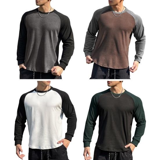 Осень-зима Мужской топ-топ облегающего кроя с о-образным вырезом в стиле пэчворк, эластичный свитер с длинными рукавами, средней длины, для фитнеса, тренировок, бега, повседневной носки, рубашка