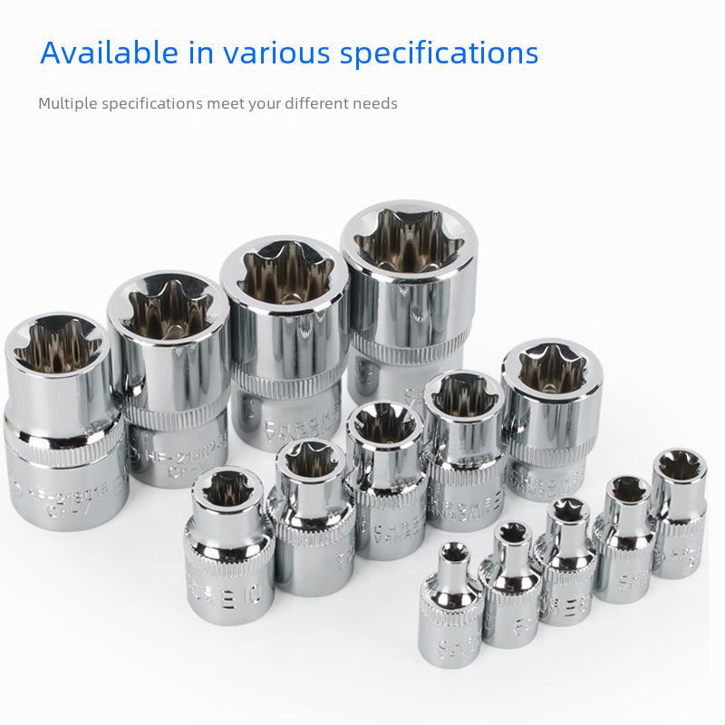 Metric 6-Point Flower-Shaped E-Type Socket Set: 1/2 Large, 3/8 Medium, 1/4 Small, Star Type.