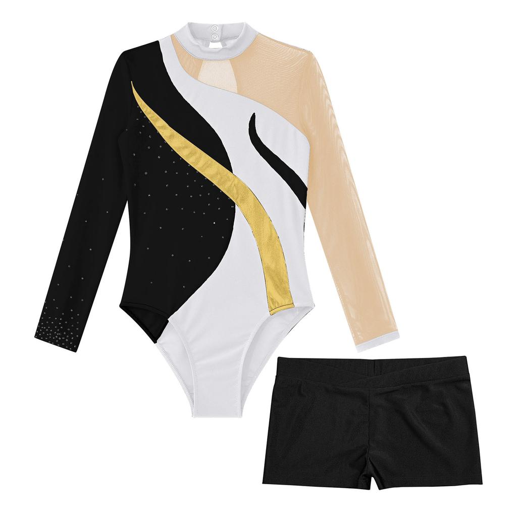 Детский костюм для фигурного катания на коньках для девочек, гимнастический костюм со стразами и открытой спиной, лоскутное трико с длинными рукавами и шортами