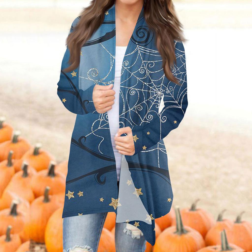 Женская модная повседневная куртка-кардиган средней длины с длинным рукавом и принтом на Хэллоуин