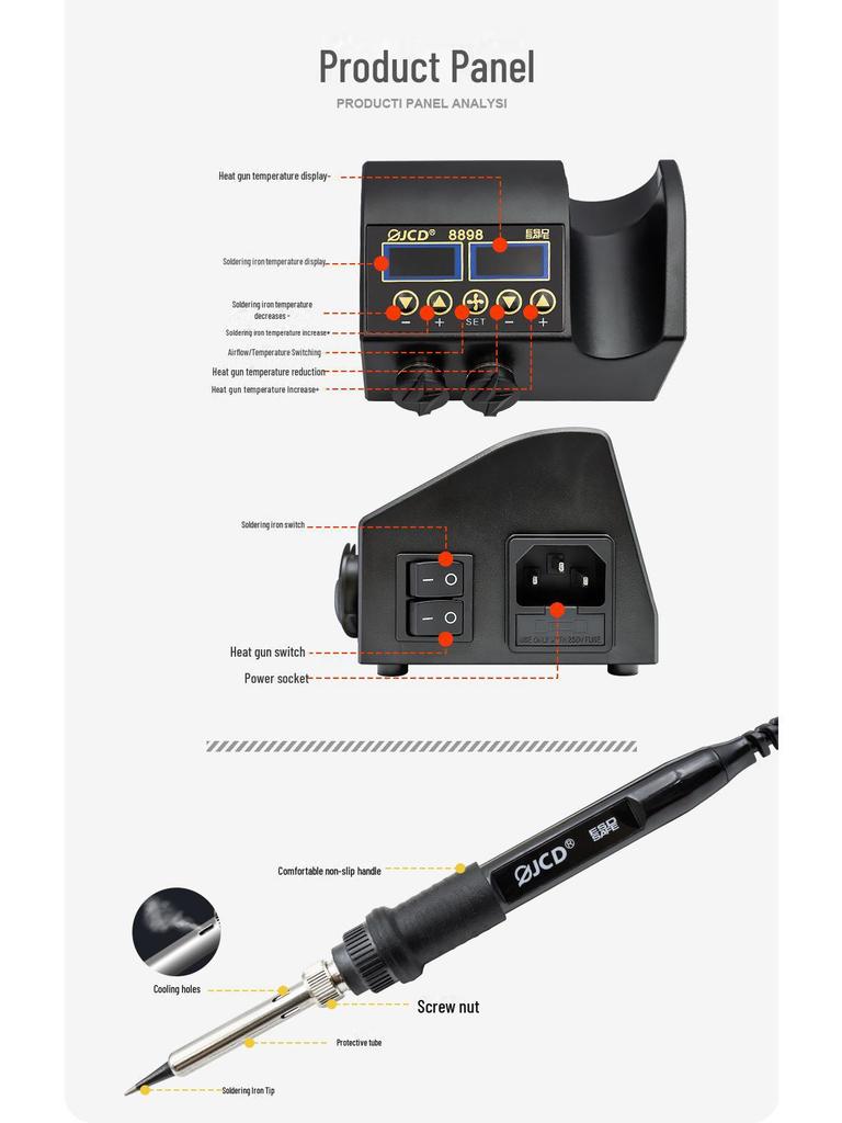 JCD 8898 Двухэкранная высокомощная станция для термофена и паяльника, настенное исполнение с постоянным контролем температуры.