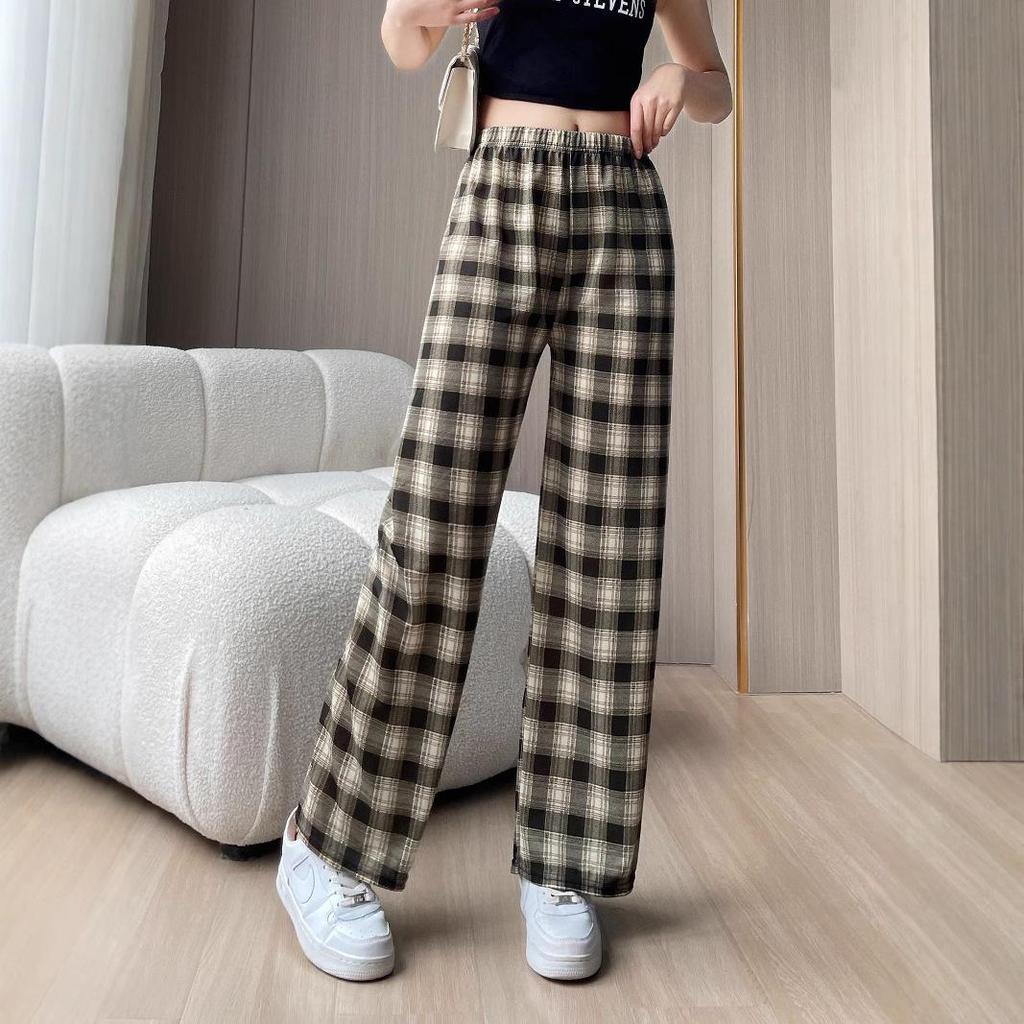 Plaid High-Waist Wide Leg Pants - Lightweight, Versatile, Plus Size, Women's Slimming Loose Fit, Spring/Summer Style.