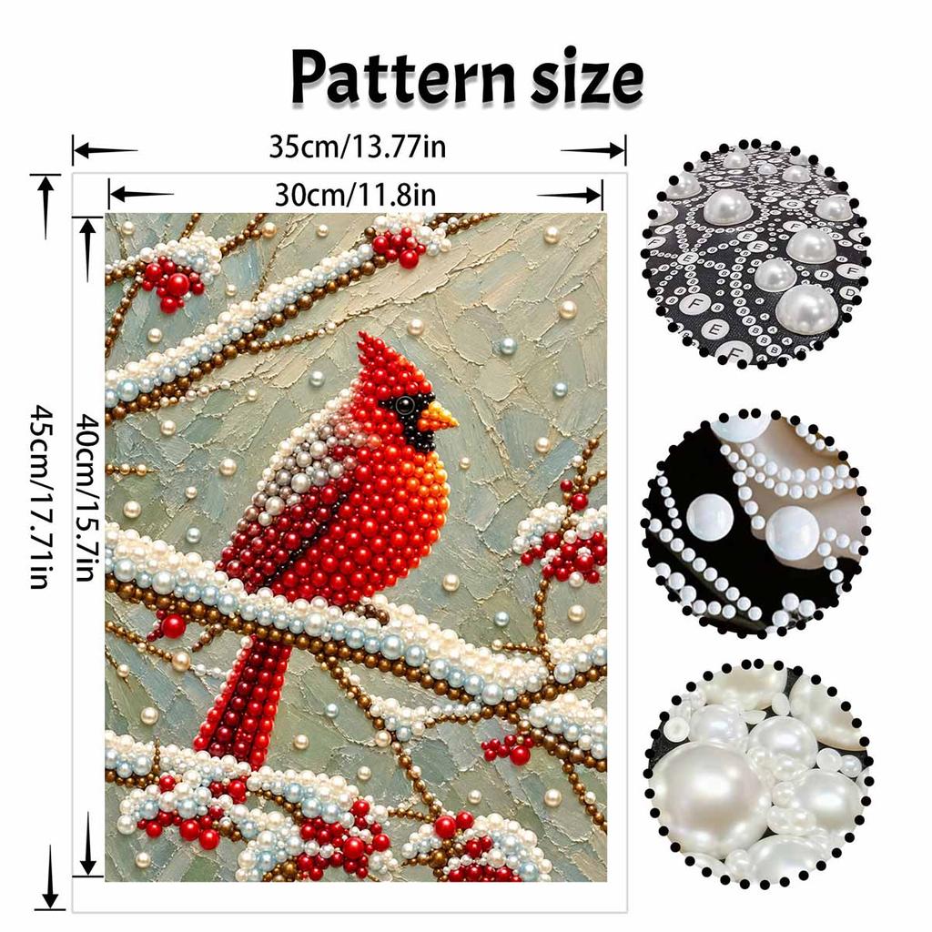 DIY Pearl and Diamond Painting Kit. suitable for beginners. Red Cardinal Bird Winter Branch home wall decoration. handmade gift.