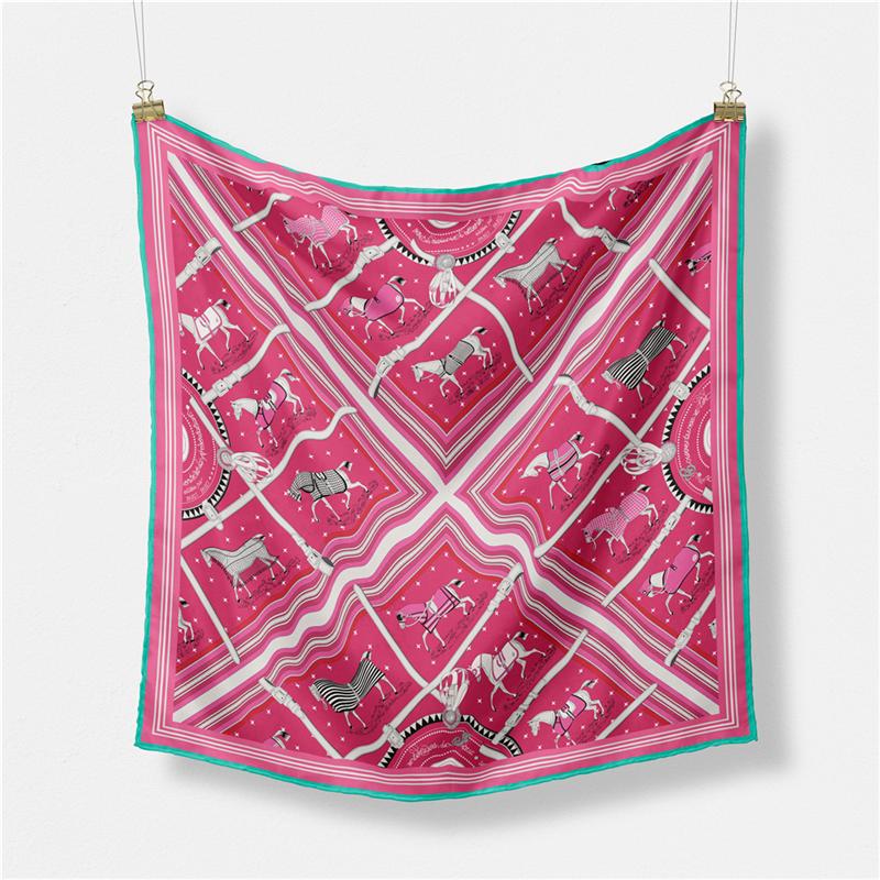 POBING Twill Silk Scarf Woman Horse Print Square Scarves Wraps Bandana Small Hijab Foulards Lady Tie Headband Neckerchief 53CM