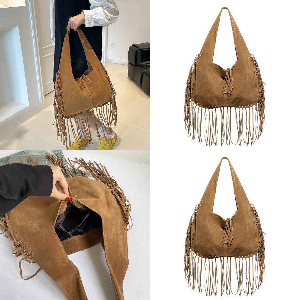 Vintage Suede Shoulder Tote Bag With Tassel Design And Solid Color For Daily Use