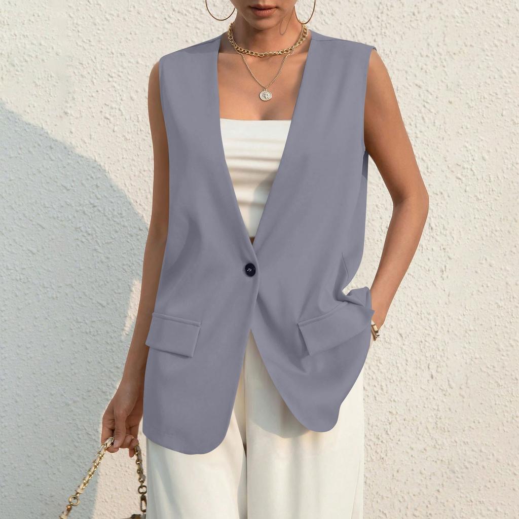 Ladies Summer Suit Jacket Work Casual Sleeveless V-Neck Single Button Solid Color Suit Vest