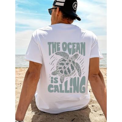 Men's Breathable Cotton T-Shirt Suitable for Summer - Loose Fit Drop Shoulder Short Sleeve with Sea Turtle Print, Beach Style Casual Shirt for