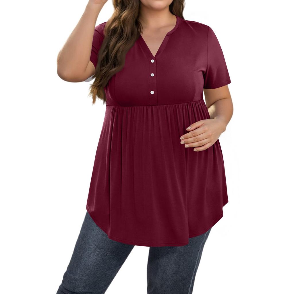 Women's Solid Color Large Size V Neck Button-Up Top Casual Short Sleeve Flowy Top