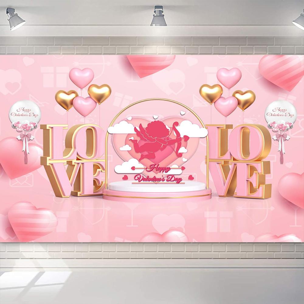 Valentines Day Theme Backdrop Pink Brick Wall Red Rose Flower Love Heart Balloon Party Decoration Portrait Photo Booth Props
