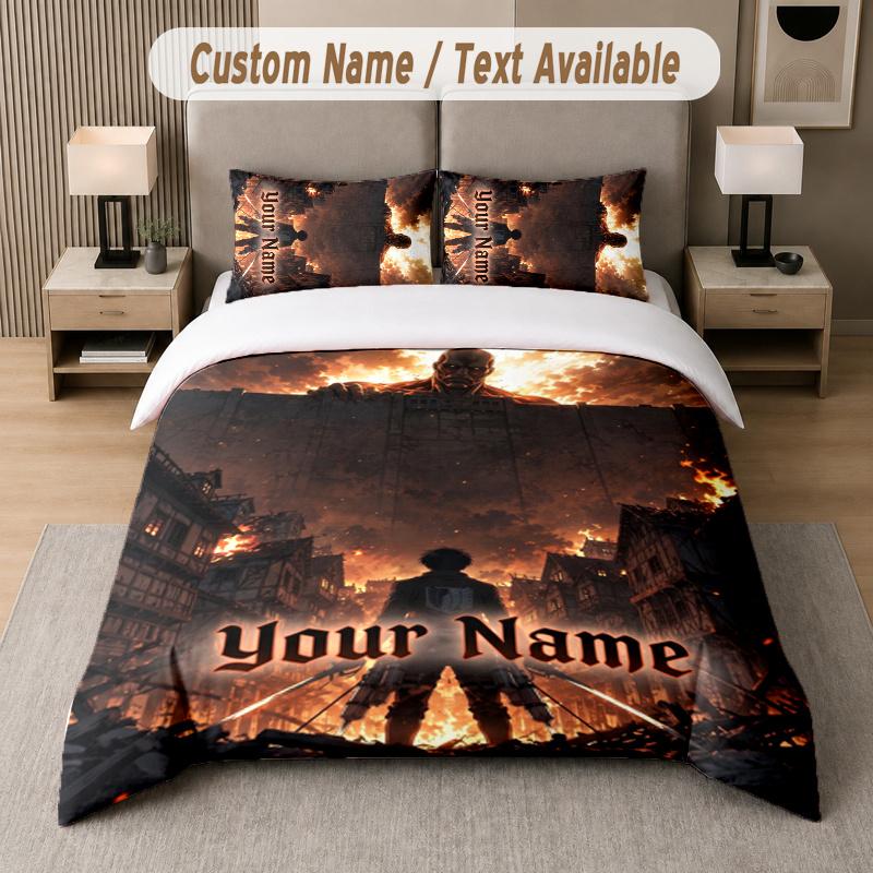 Custom Name Attack on Titan 3Pcs Duvet Cover Set Personalized Text Bedding Pillowcases Bedroom