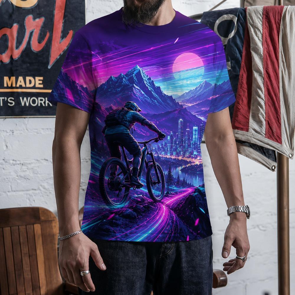 Мужская футболка для горного велосипеда с принтом Lightning Graphic, Темная гора, Downhill Rider, Принт по всей поверхности, Короткий рукав, Круглый вырез, Для улицы
