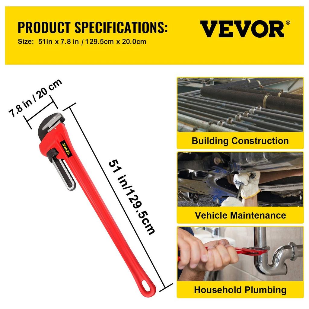 Pipe Wrench, 60 inch, Heavy Duty Cast Iron Straight Plumbing Wrench, Adjustable Plumber Tool for Sink Faucet Toilet Bowl Bathroom Kitchen Drainer