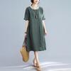 Летнее литературное свободное однотонное хлопковое льняное платье с круглым вырезом и короткими рукавами для женщин, повседневные платья средней длины