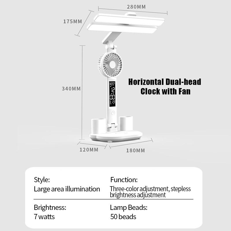 3 в 1 лампа для чтения с защитой глаз, мини-вентилятор, ящик для хранения канцелярских принадлежностей, дисплей температуры/времени/даты, без мерцания, настольный светильник для учебы