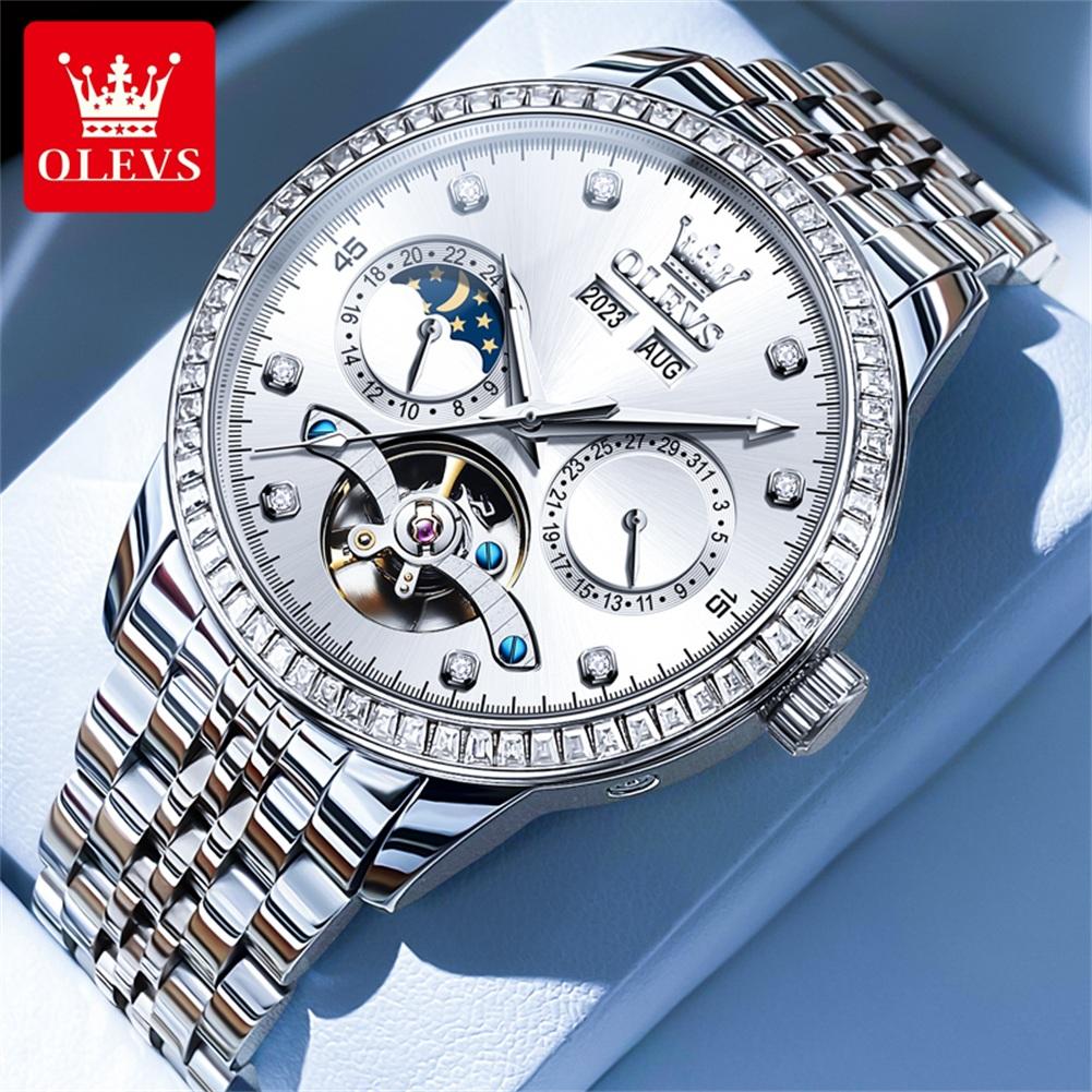 OLEVS 7016 Man Watches Top Brand Original Moon Phase Mechanical Watch For Men Hollow Waterproof Perpetual Calendar Male Clock