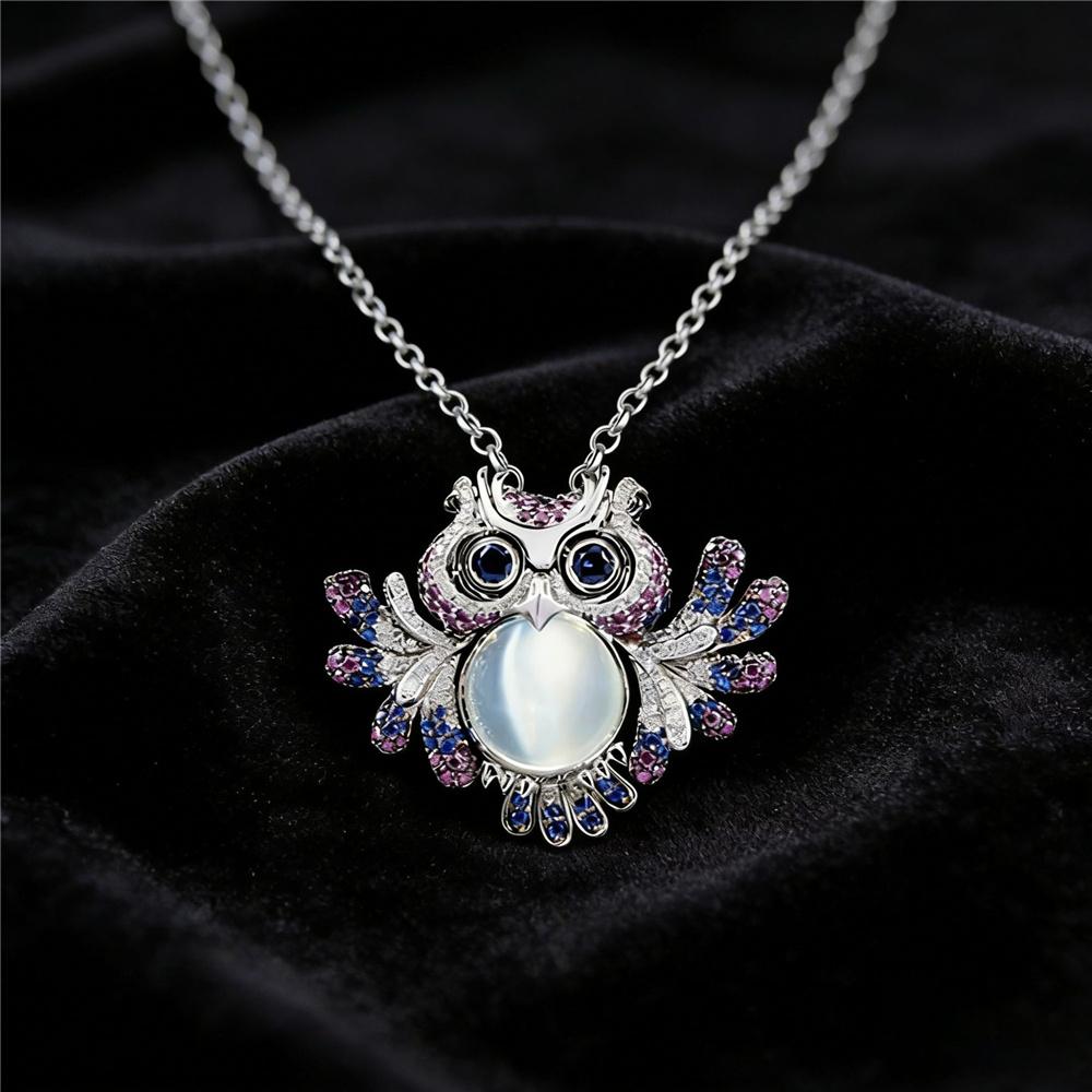 Cute Animal Female Rainbow Zircon Moonstone Owl Pendant Necklace Silver Color Wedding Jewelry For Women