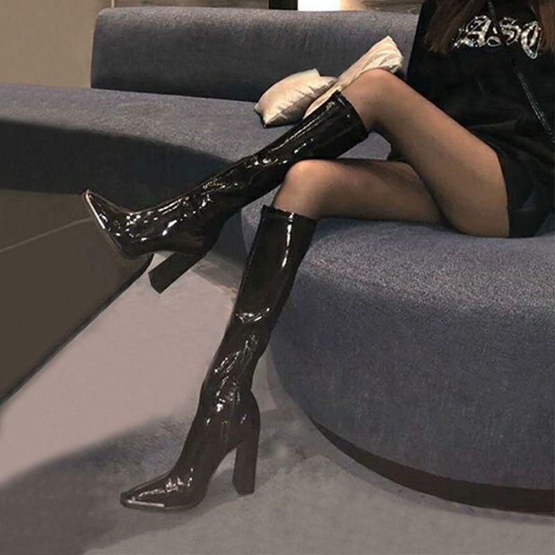 Модная элегантная обувь на каблуке для женщин Черная кожаная обувь Зимние сапоги до колена с длинным голенищем Женские сапоги на каблуке Водонепроницаемые Готические из ПУ Продажа Горячие