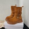Matte Leather Thick Soled Women Boots 2024 New Autumn Collar Retro British Style Anti-skid Belt Buckle Short Boots Yellow Boots