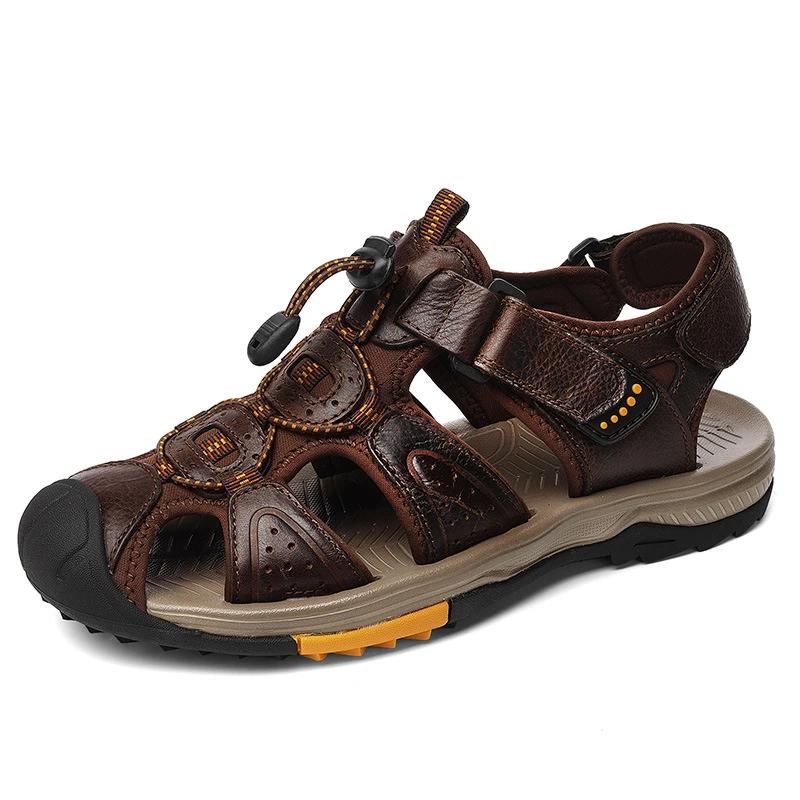 Fashion Summer Men's Top Layer Cowhide Bag-Toe Casual Outdoor Beach Sandals Comfortable Velcro Non-Slip Breathable Zapatillas Hombre