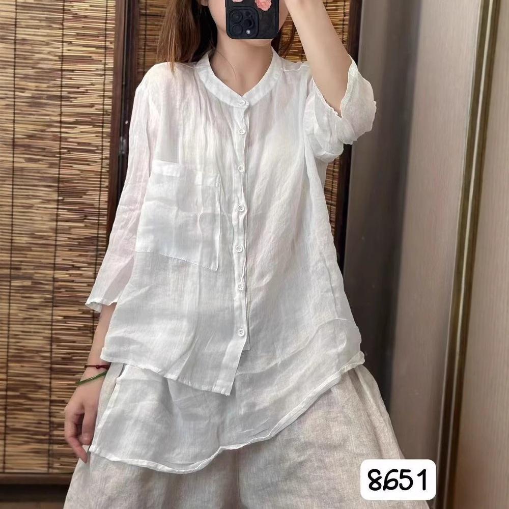 1116 summer Korean version loose literary ramie solid color stand-up collar irregular seven-quarter sleeve shirt versatile shirt women 8611