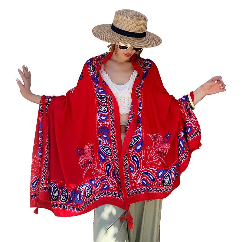 Red print ladies spring autumn summer outdoor sunshade sunscreen shawl scarf silk scarf travel photo shawl tassel