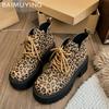 Леопардовая платформа женские ботильоны массивные шнурки модные туфли на высоком каблуке трендовые зимние дизайнерские туфли-лодочки мотоциклетные ботинки женские