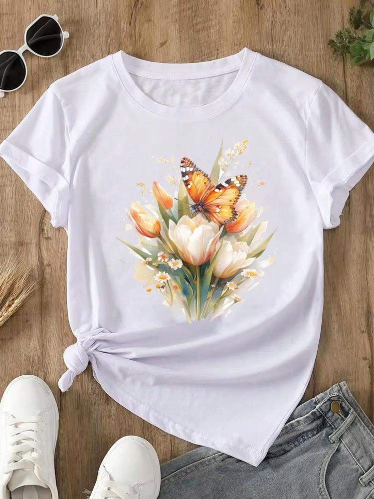 Sweet Flower Style Cute Unisex Tee T Clothing Fashion Casual Ladies Graphic Clothes Print White Short Sleeve ONeck TShirts