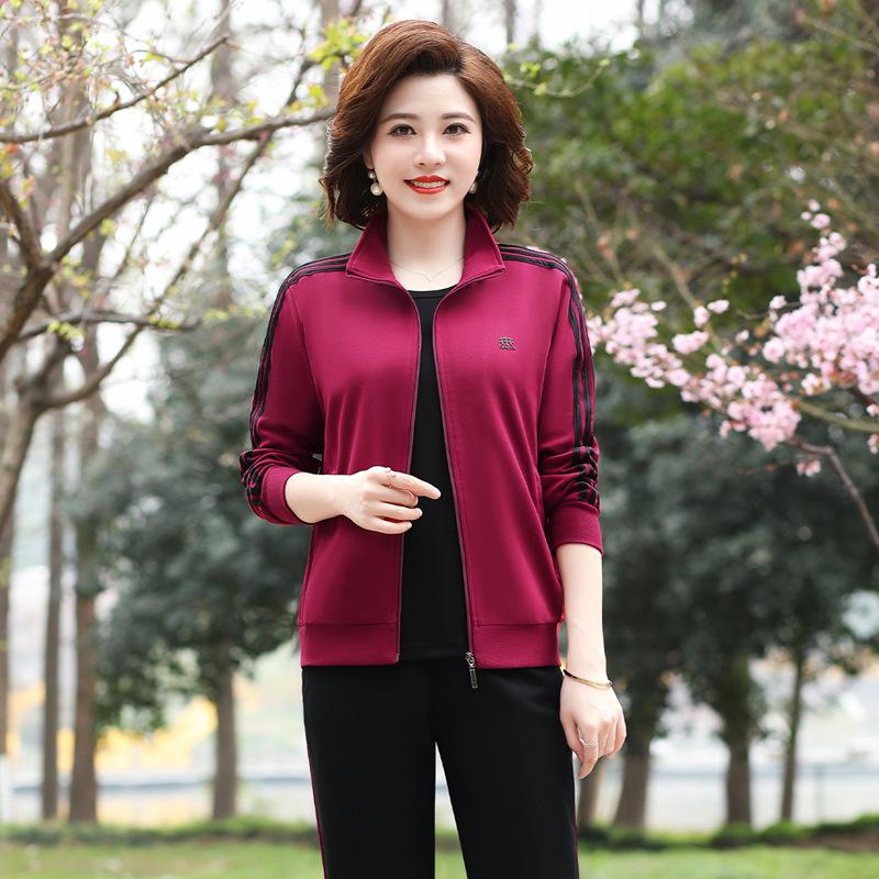 Женский весенне-осенний повседневный спортивный костюм: Свободного кроя куртка и толстовка с длинным рукавом, больших размеров, 2 предмета для среднего и пожилого возраста