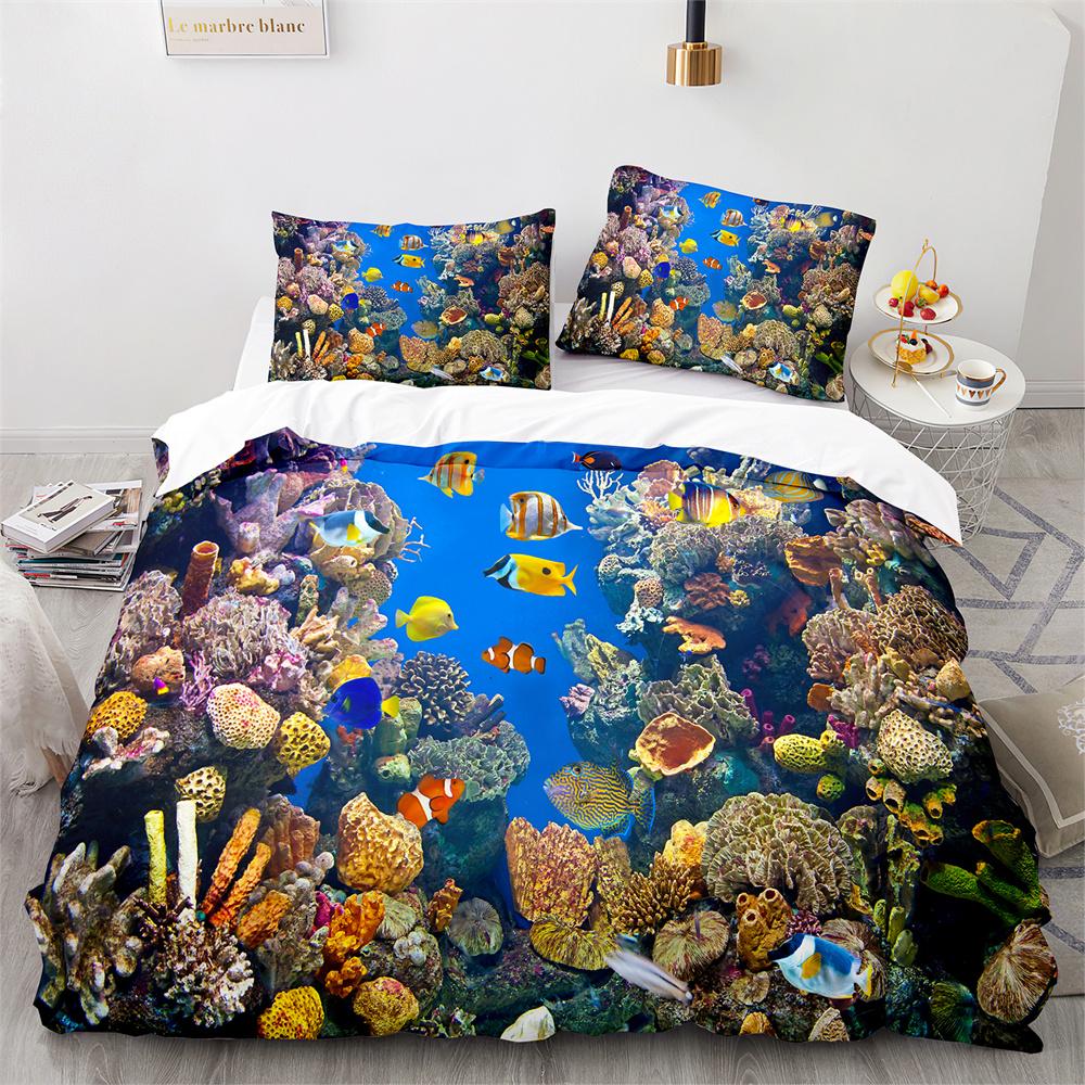 Пододеяльник Подводный мир Кинг Квин Синий Океан Акула Комплект постельного белья для детей Морское животное Коралл Рыба 2/3 предмета Полиэстер Пододеяльник