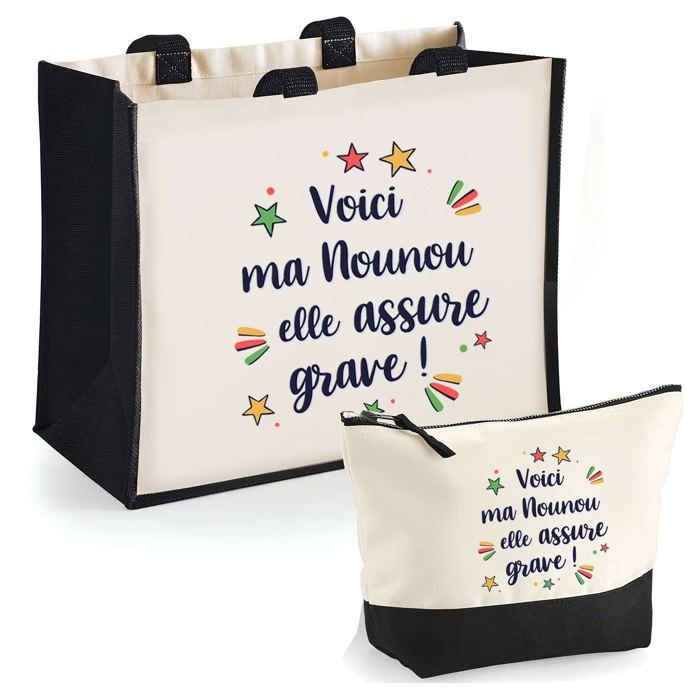 Coffret duo cabas jute et trousse - PLANETEE - Nounou elle assure grave - jute naturel - DTF HD - Fabriqué en France