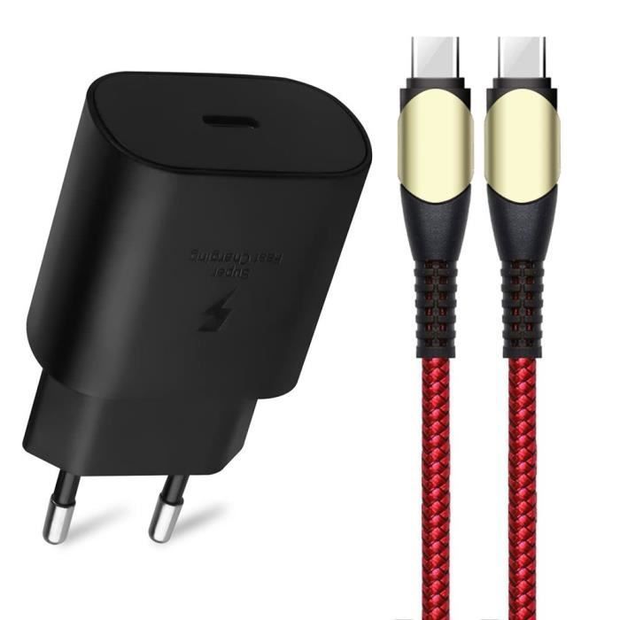 Chargeur Rapide 25W - E.F.Connection - Câble USB-C 1M - Nylon Rouge - Compatible Samsung S20 S21 S22 S23 S24 S25 FE