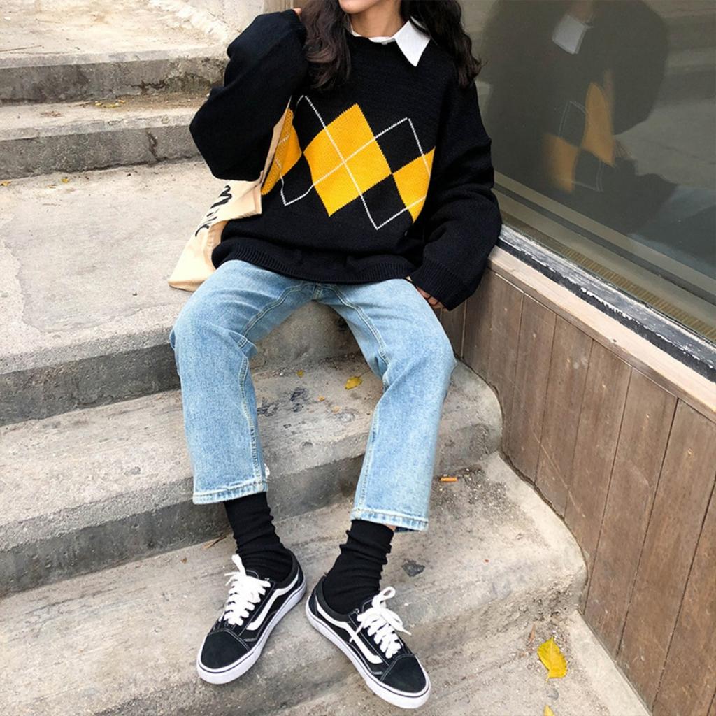 New Arrival Women's Fashion Argyle Loose Slimming Pullover Knitwear Casual Sweater Coat