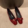 Single Shoes Women 2025 New Spring Square Toe Bow Block Heel Red Light Mouth Grandma Shoes