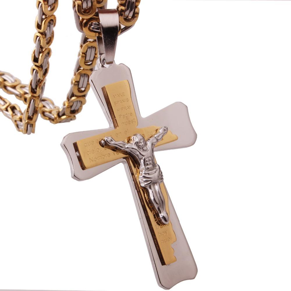 Good Quality Stainless Steel Jesus Cross Pendant Necklaces with Heavy Link Byzantine Chain Men Boys Christian Necklace