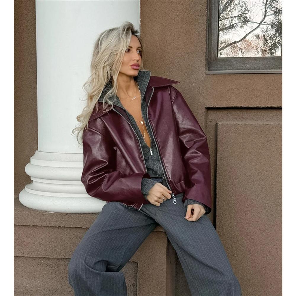Женская винтажная куртка винного цвета из искусственной кожи, модная верхняя одежда, на молнии, с лацканами, полиуретановые пальто, осень-зима, уличная одежда, женские короткие топы