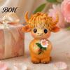 Pastoral Style Desktop Decor Highland Cow Holding Flower Statue, Cute Resin Animal Figurine, Desk Accessories for Women Farmhouse Sculpture