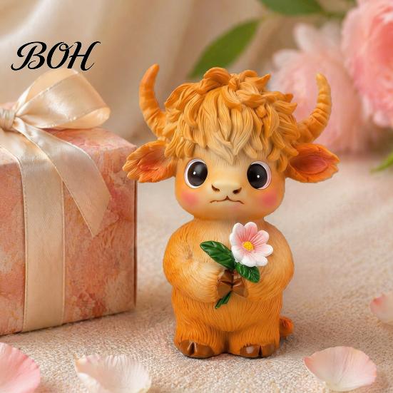 Pastoral Style Desktop Decor Highland Cow Holding Flower Statue, Cute Resin Animal Figurine, Desk Accessories for Women Farmhouse Sculpture